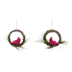 Set Of 2 Red And Green Wood Christmas Cardinal Ring Decor 7.75"