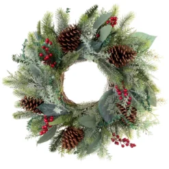 Pre-Lit Green And Red Winter Frost Artificial Christmas Wreath, 24-Inch, Clear LED Lights -Noel Twinkle Shop dvlc20v 20678 lt 3 02414.1668074524