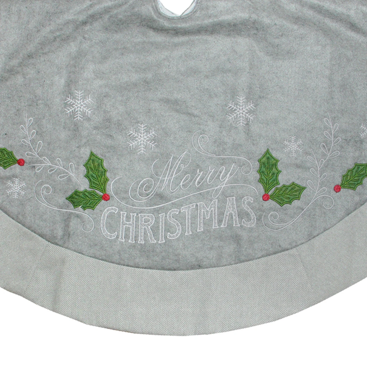 48" Gray And Green 'Merry CHRISTMAS' Mottled Tree Skirt With Herringbone Bordered Trim 4 48" Gray And Green 'Merry CHRISTMAS' Mottled Tree Skirt With Herringbone Bordered Trim - Image 2