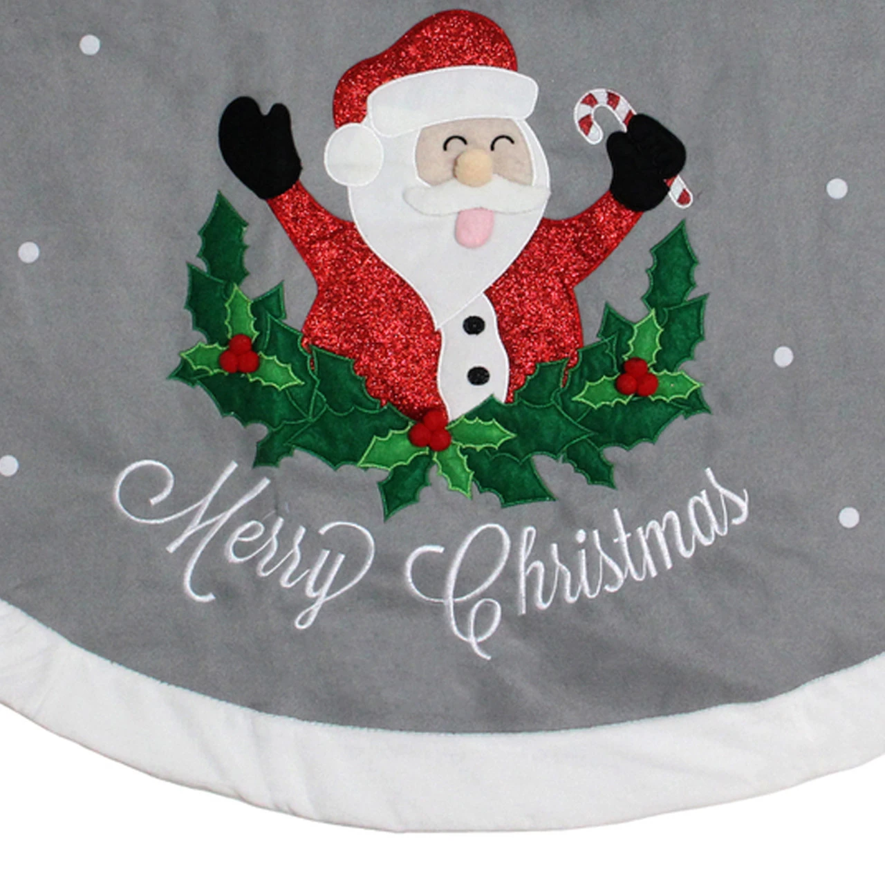 48" Gray And White Traditional Happy Santa Christmas Tree Skirt 4 48" Gray And White Traditional Happy Santa Christmas Tree Skirt - Image 2