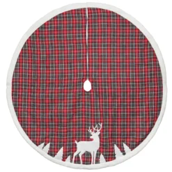 48" Red And Black Plaid Reindeer Christmas Tree Skirt