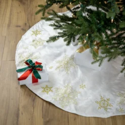 48" White With Gold Embroidered Snowflakes Christmas Tree Skirt