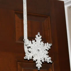 17" Sparkling White Glittering Jeweled Snowflake Over-the-Door Christmas Wreath Hanger