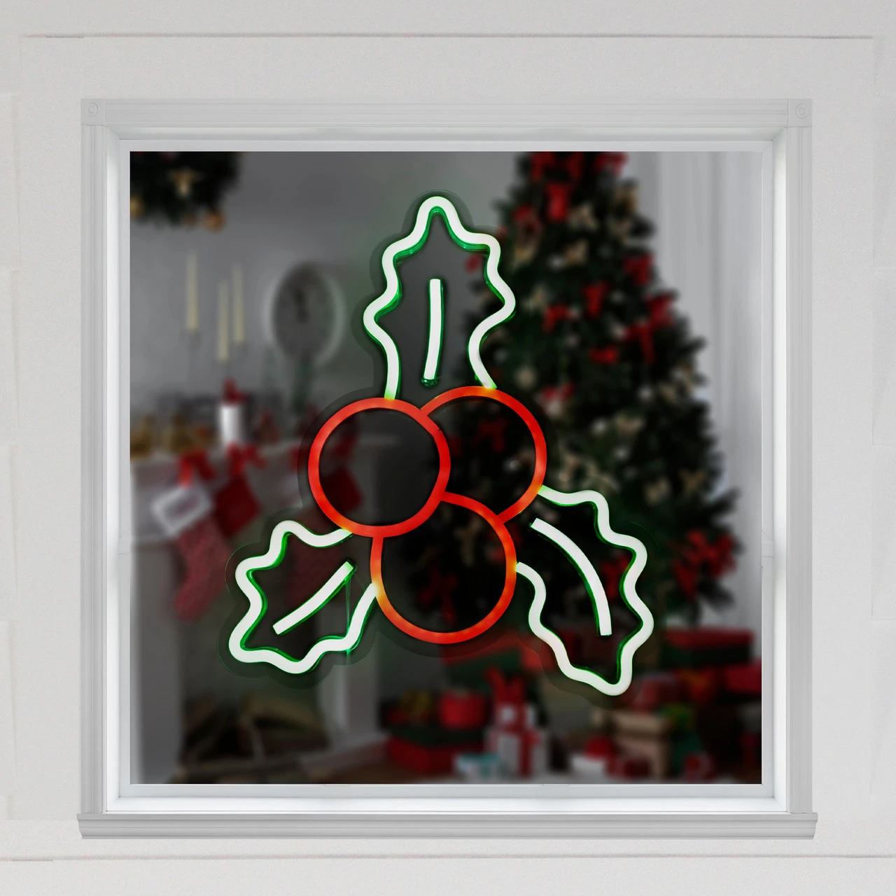 12" LED Lighted Neon Style Holly Berries Christmas Window Silhouette 4 12" LED Lighted Neon Style Holly Berries Christmas Window Silhouette - Image 2