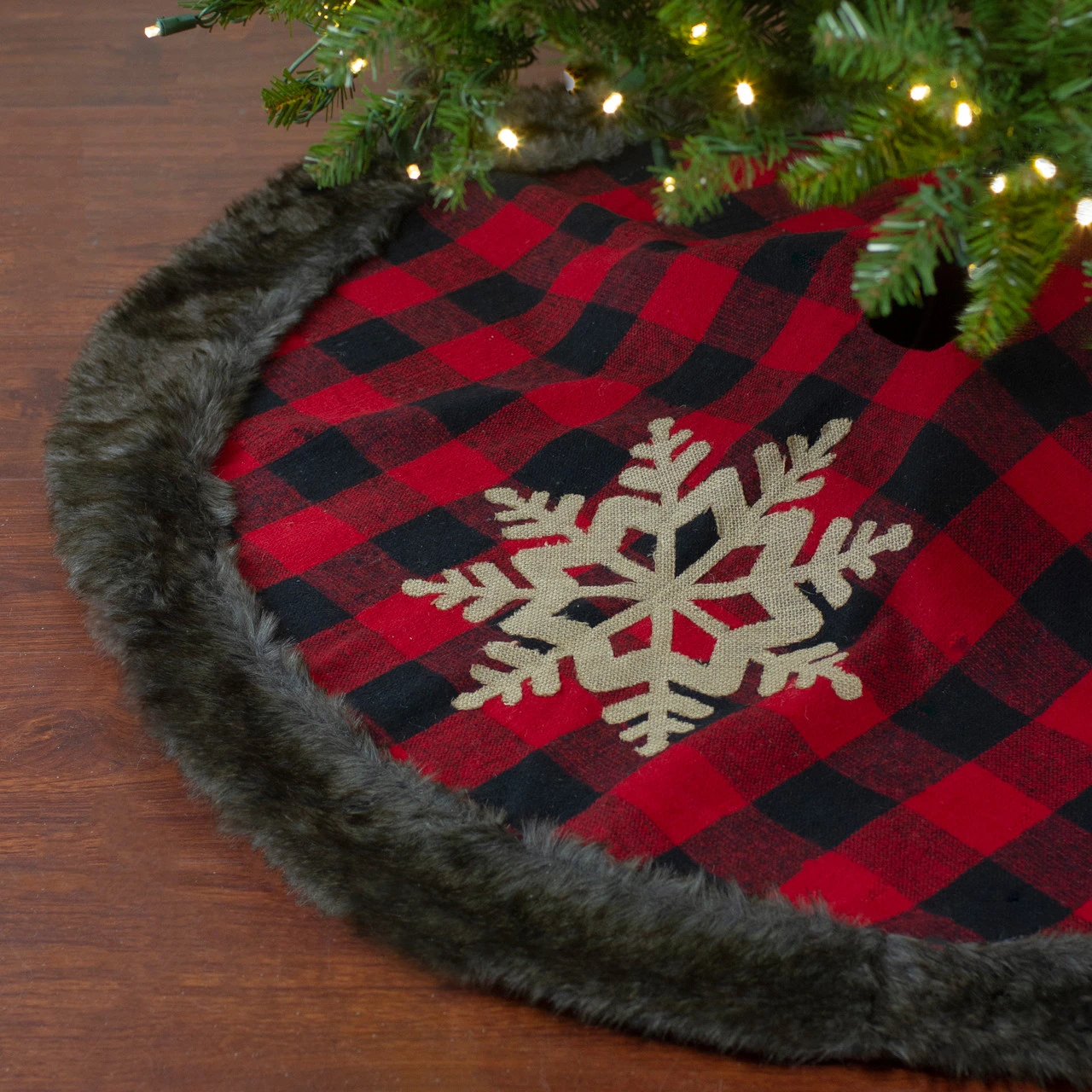 48-Inch Red And Black Christmas Tree Skirt With Burlap Snowflake 3 48-Inch Red And Black Christmas Tree Skirt With Burlap Snowflake