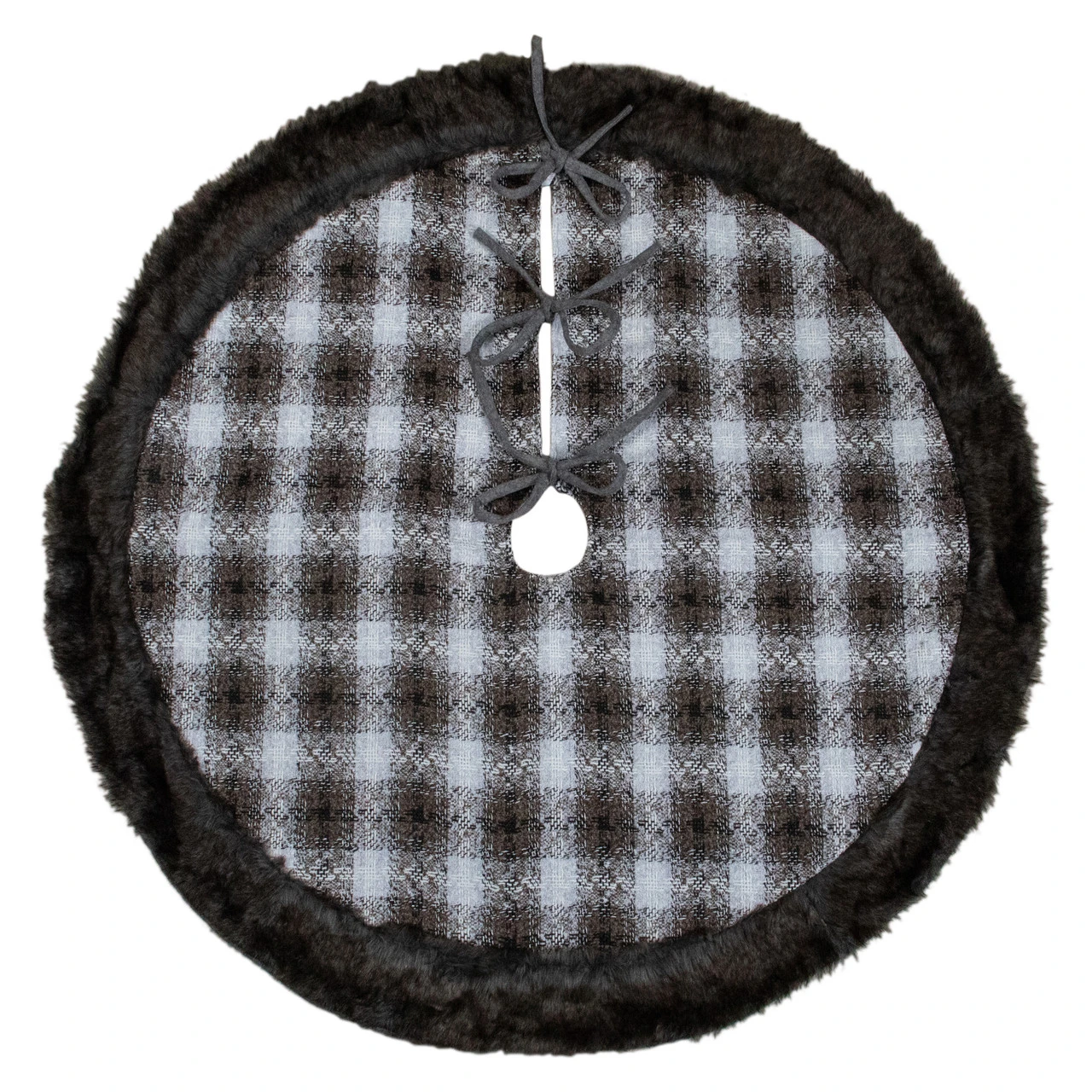 48" Brown And White Plaid Christmas Tree Skirt With Faux Fur 4 48" Brown And White Plaid Christmas Tree Skirt With Faux Fur - Image 2