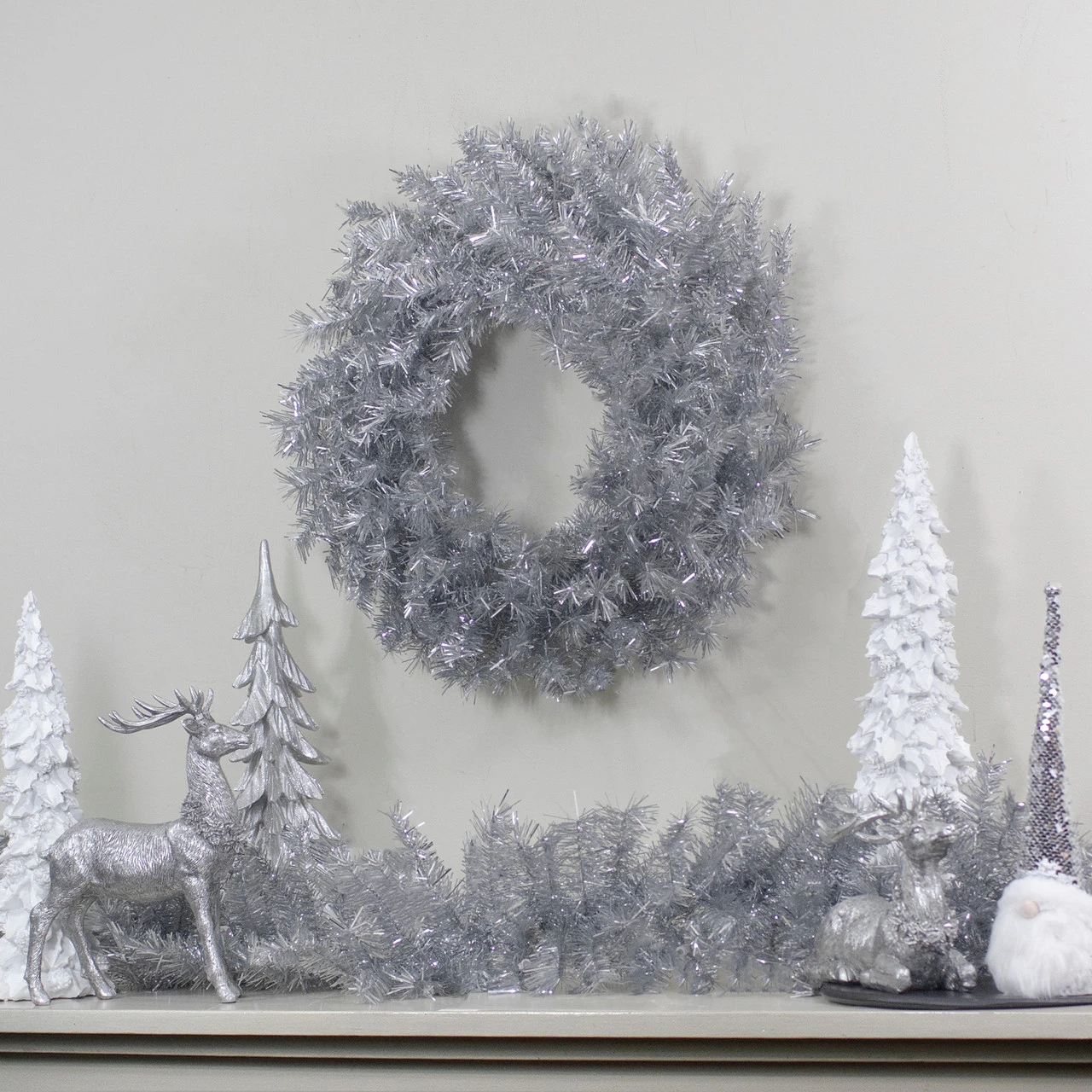 36" Silver Tinsel Artificial Christmas Wreath, Unlit 4 36" Silver Tinsel Artificial Christmas Wreath, Unlit - Image 2