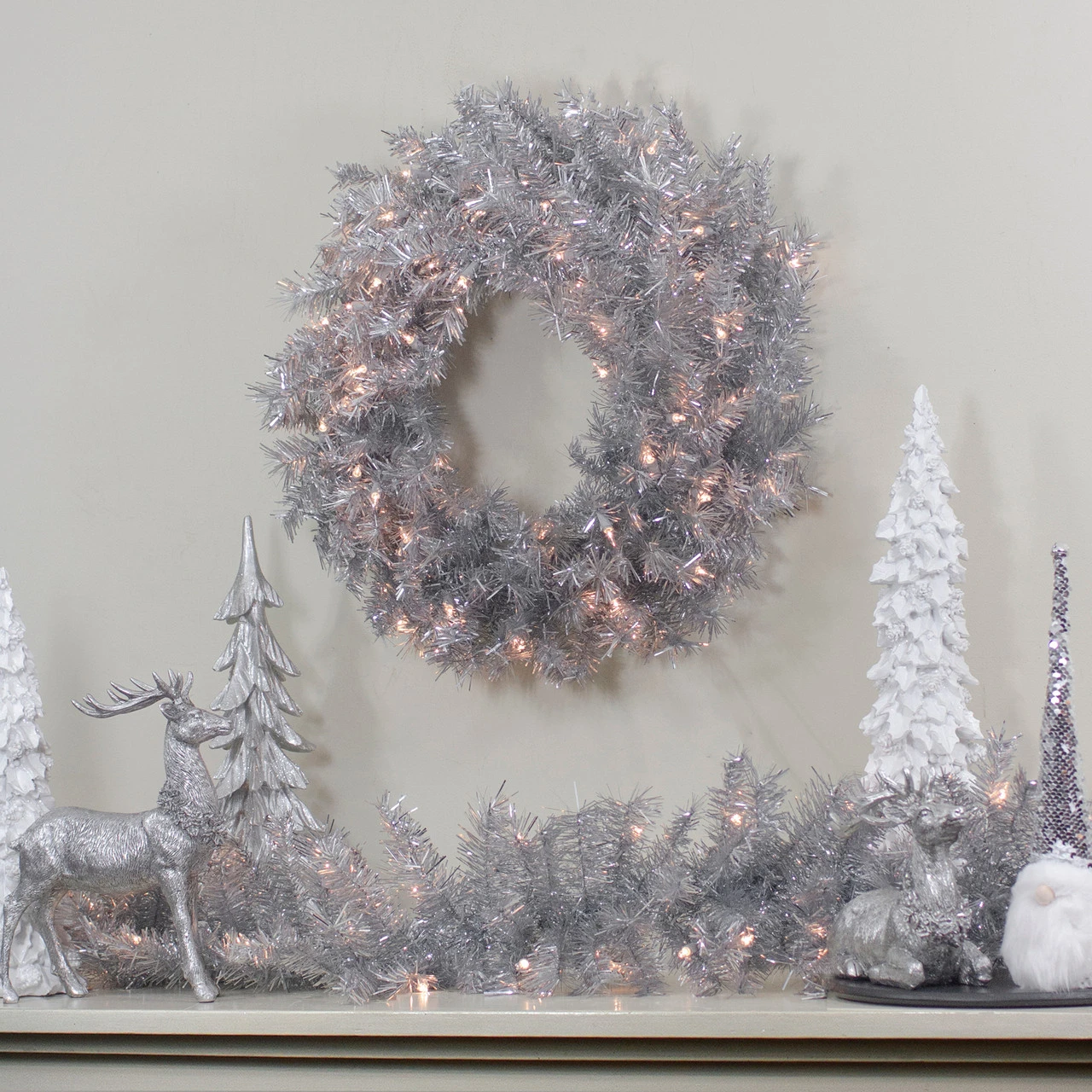 36" Pre-Lit Silver Tinsel Artificial Christmas Wreath, Clear Lights 4 36" Pre-Lit Silver Tinsel Artificial Christmas Wreath, Clear Lights - Image 2