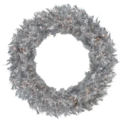 36" Pre-Lit Silver Tinsel Artificial Christmas Wreath, Clear Lights
