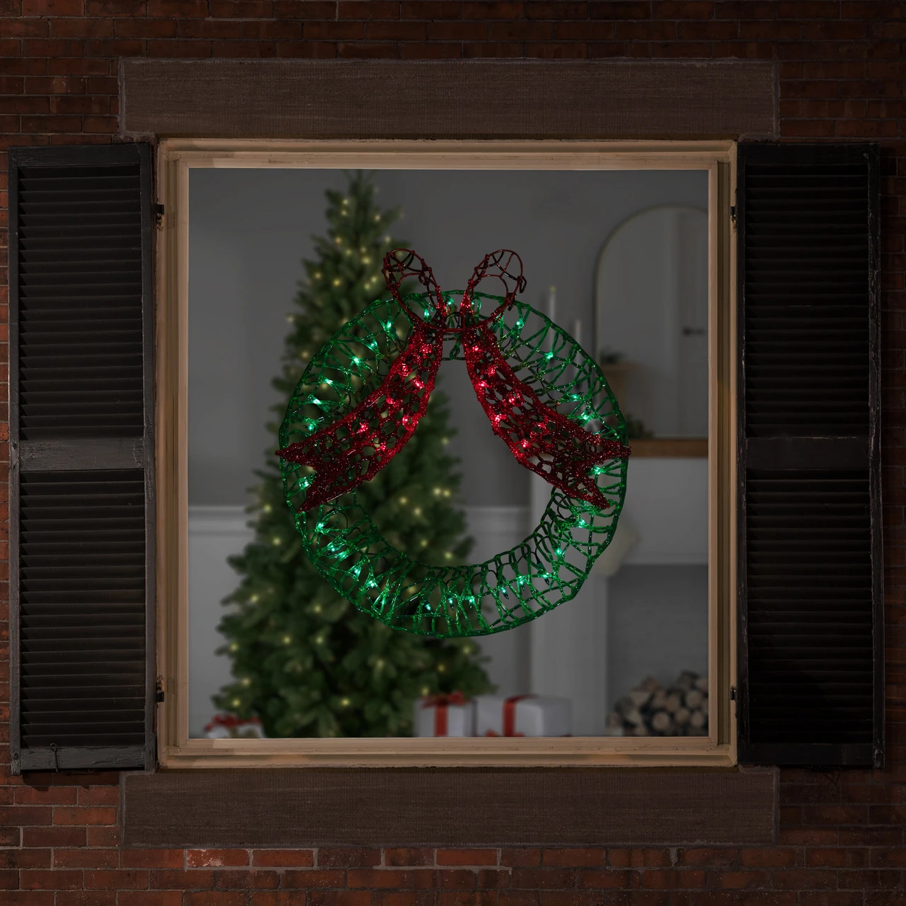 20" Green And Red Lighted Wreath And Bow Christmas Window Silhouette Decoration 3 20" Green And Red Lighted Wreath And Bow Christmas Window Silhouette Decoration - Image 2