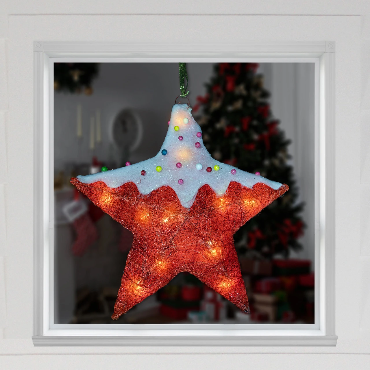18" Lighted Red And White Candy Covered Sisal Star Christmas Window Decoration 4 18" Lighted Red And White Candy Covered Sisal Star Christmas Window Decoration - Image 2