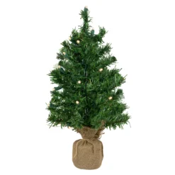 18" Pre-Lit Two-Tone Green Pine Artificial Christmas Tree In Burlap, Clear LED Lights
