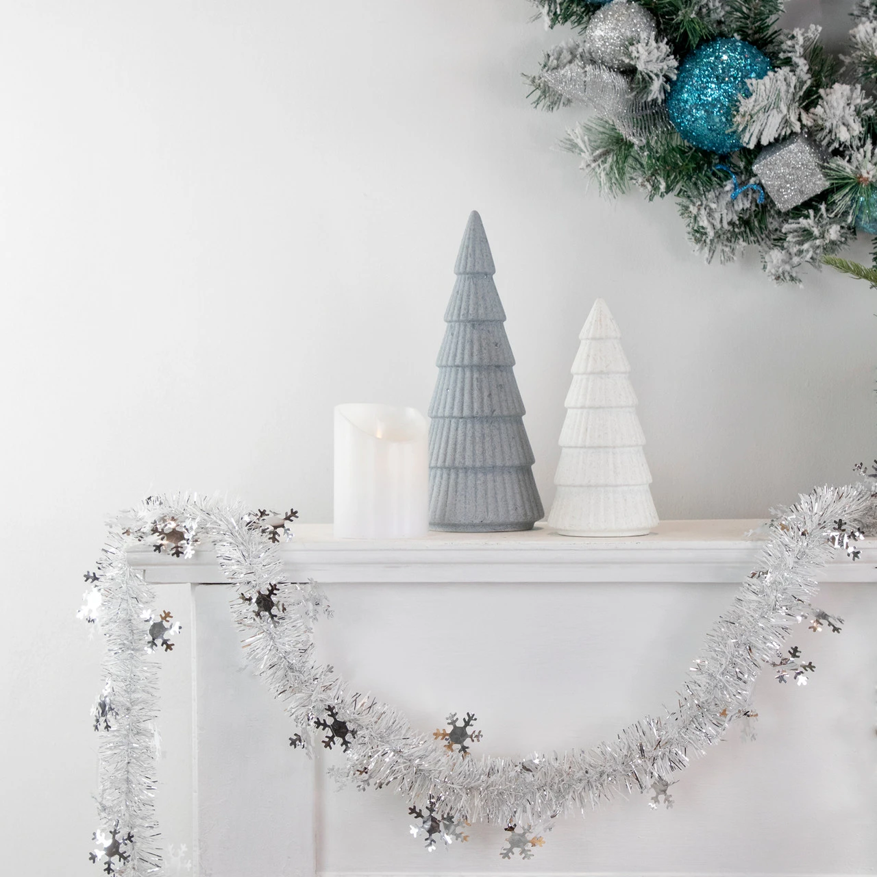 50' X 2" White And Silver Christmas Tinsel Garland With Snowflakes - Unlit 4 50' X 2" White And Silver Christmas Tinsel Garland With Snowflakes - Unlit - Image 2