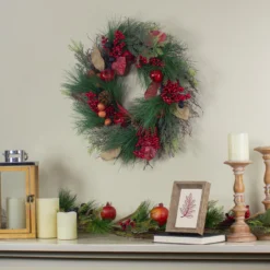 Autumn Harvest Pine, Berry And Pomegranate Wreath, 24 Inch, Unlit -Noel Twinkle Shop northlight kji20x6888 4 77868.1667662299