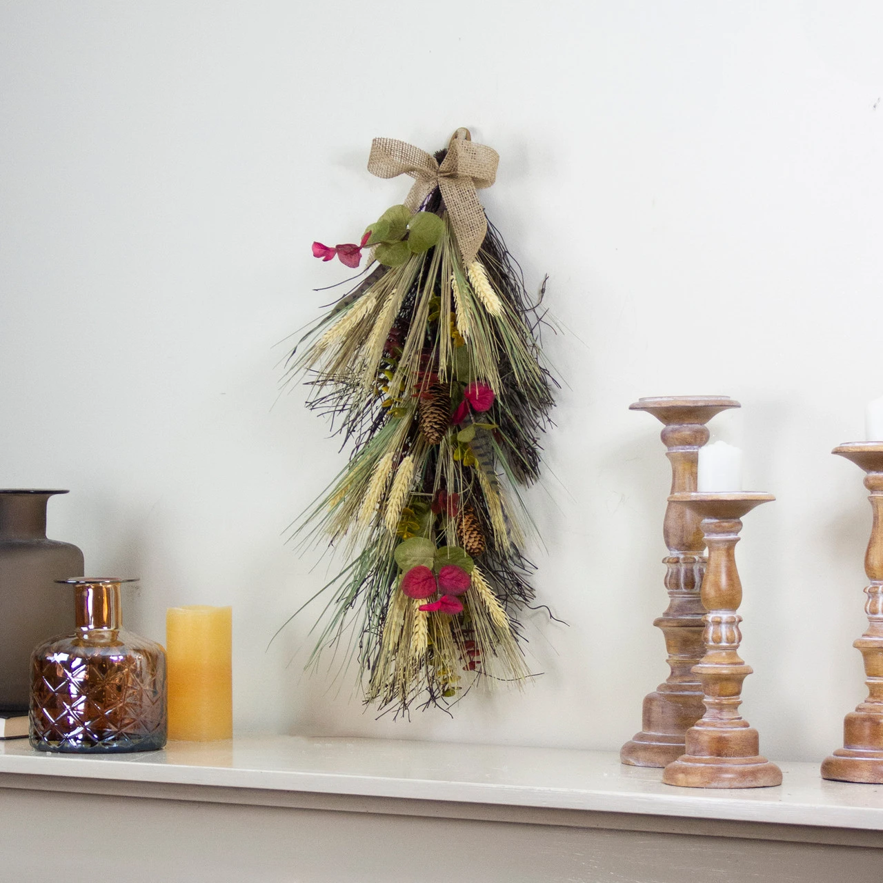 24" Autumn Harvest Wheat And Eucalyptus With Feathers Teardrop Swag - Unlit 4 24" Autumn Harvest Wheat And Eucalyptus With Feathers Teardrop Swag - Unlit - Image 2