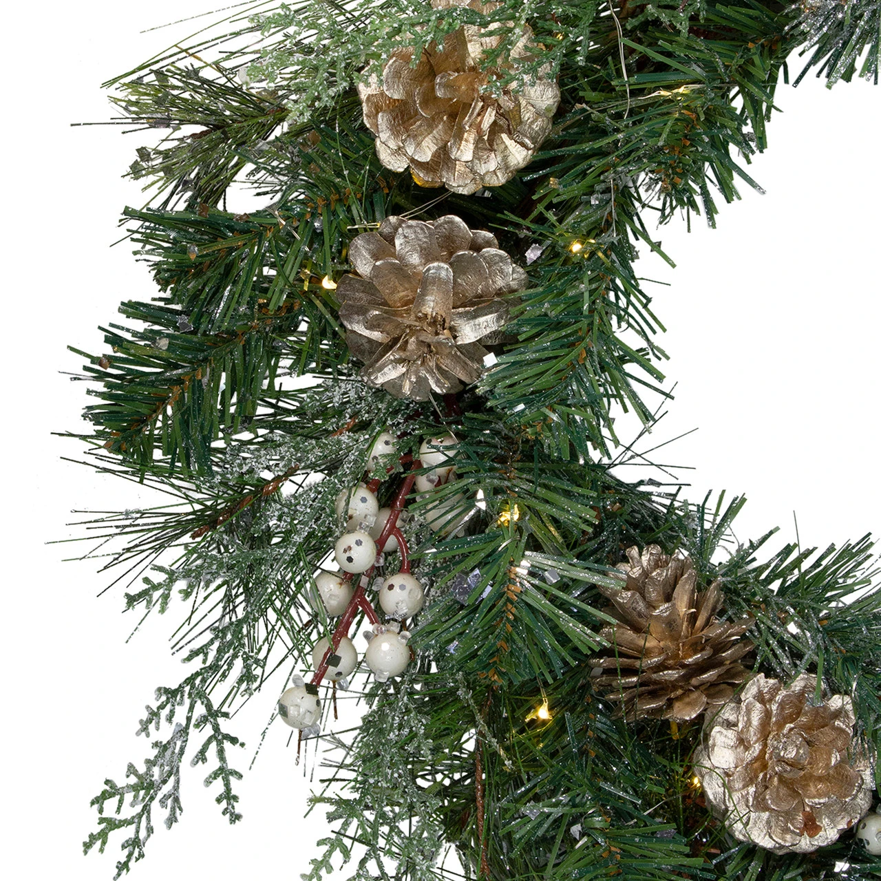 Pre-Lit Champagne Gold Pine Cone And Berry Mixed Pine Wreath - 22-Inch, Clear Lights 5 Pre-Lit Champagne Gold Pine Cone And Berry Mixed Pine Wreath - 22-Inch, Clear Lights - Image 3