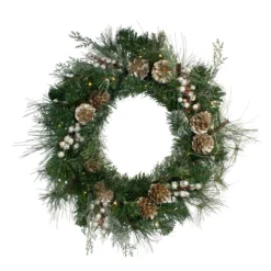 Pre-Lit Champagne Gold Pine Cone And Berry Mixed Pine Wreath - 22-Inch, Clear Lights