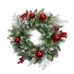 Flocked Mixed Pine With Ornaments And Berries Artificial Christmas Wreath, 24-Inch, Unlit