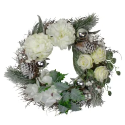 White And Silver Floral Flocked Pine Artificial Grapevine Christmas Wreath - 24-Inch, Unlit