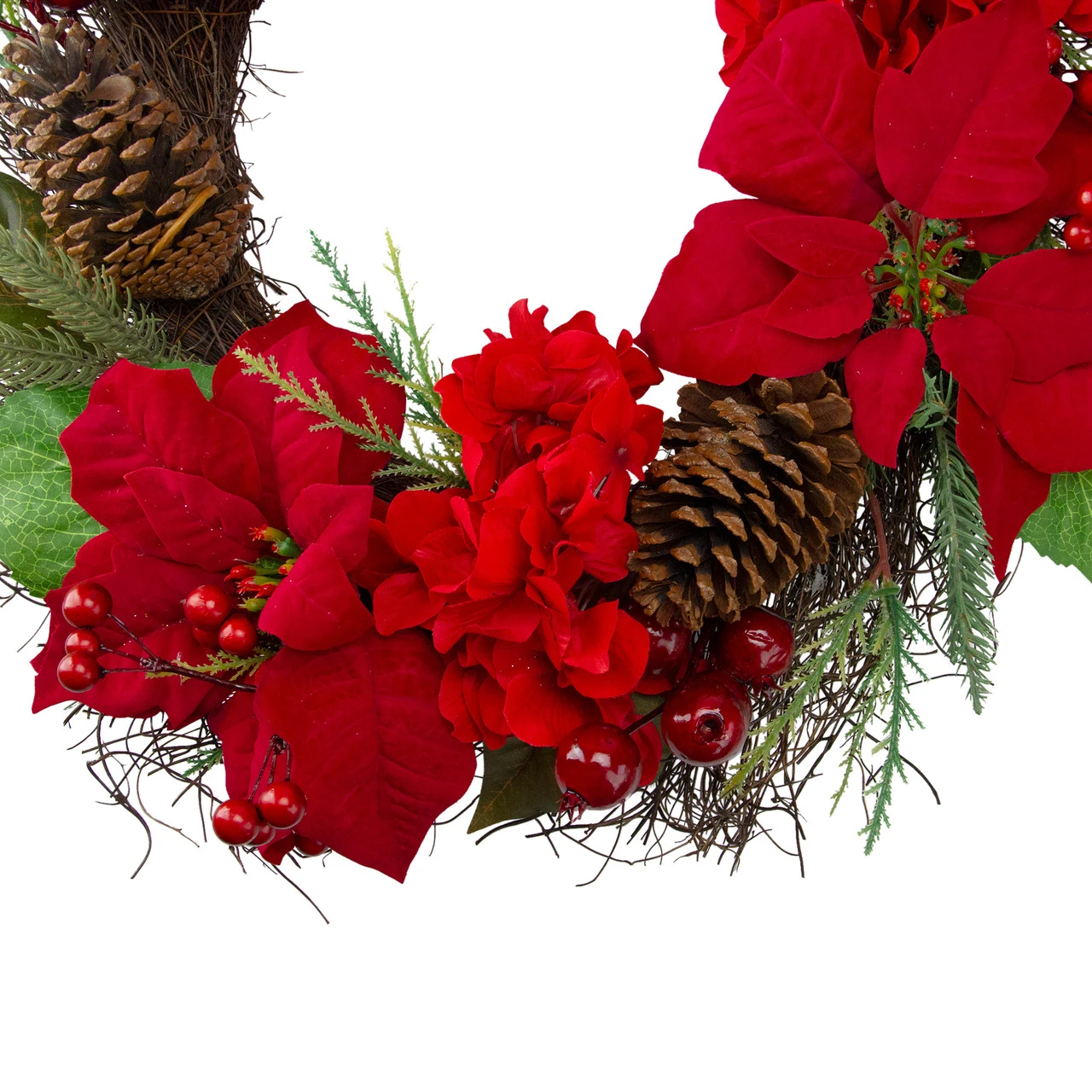 Red Poinsettia And Hydrangea Flowers With Berries Artificial Christmas Wreath - 24-Inch, Unlit 5 Red Poinsettia And Hydrangea Flowers With Berries Artificial Christmas Wreath - 24-Inch, Unlit - Image 3