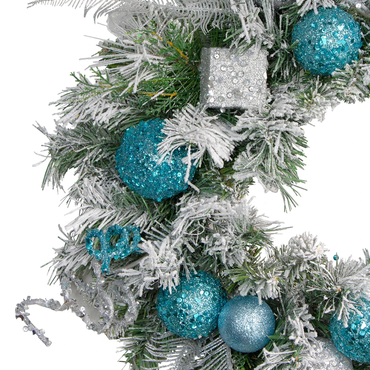 Flocked Pine With Teal And Silver Ornaments Artificial Christmas Wreath, 24-Inch, Unlit 4 Flocked Pine With Teal And Silver Ornaments Artificial Christmas Wreath, 24-Inch, Unlit - Image 2