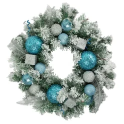 Flocked Pine With Teal And Silver Ornaments Artificial Christmas Wreath, 24-Inch, Unlit