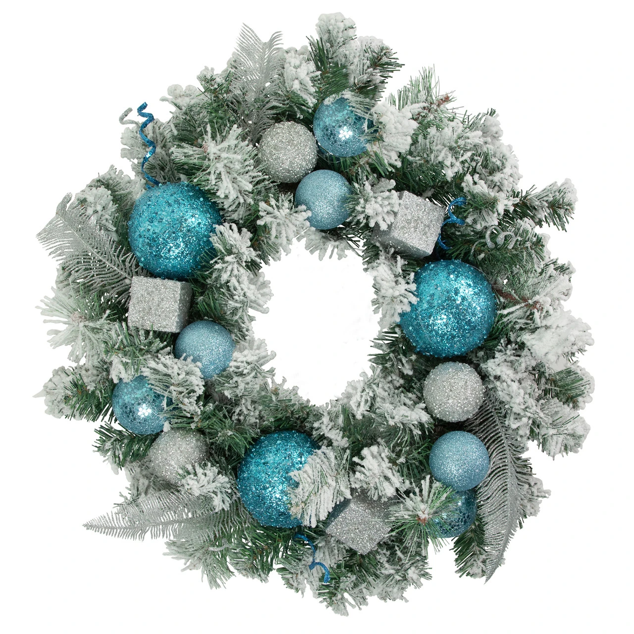 Flocked Pine With Teal And Silver Ornaments Artificial Christmas Wreath, 24-Inch, Unlit 3 Flocked Pine With Teal And Silver Ornaments Artificial Christmas Wreath, 24-Inch, Unlit