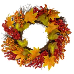 Maple Leaf And Berry Twig Artificial Fall Harvest Wreath, 22-Inch