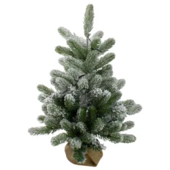 2' B/O Potted Frosted Pine Medium Artificial Christmas Tree In A Burlap Pot- Warm White Lights