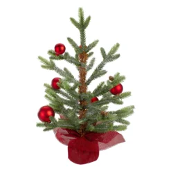 18" Potted Pine With Red Ornaments Medium Artificial Christmas Tree – Unlit