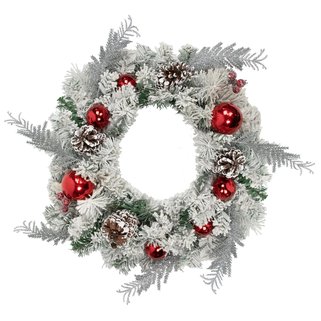 Flocked Pine With Red Ornaments Artificial Christmas Wreath, 24-Inch, Unlit 3 Flocked Pine With Red Ornaments Artificial Christmas Wreath, 24-Inch, Unlit