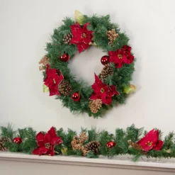 Green Pine And Poinsettias Artificial Christmas Wreath - 24-Inch, Unlit -Noel Twinkle Shop northlight kjit9968 4 59591.1667660121