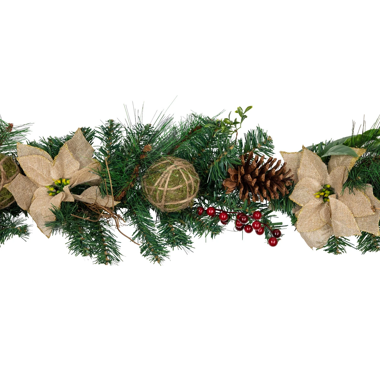 6' X 10" Burlap Poinsettia, Moss Ball, Mixed Pine And Berries Christmas Garland - Unlit 4 6' X 10" Burlap Poinsettia, Moss Ball, Mixed Pine And Berries Christmas Garland - Unlit - Image 2