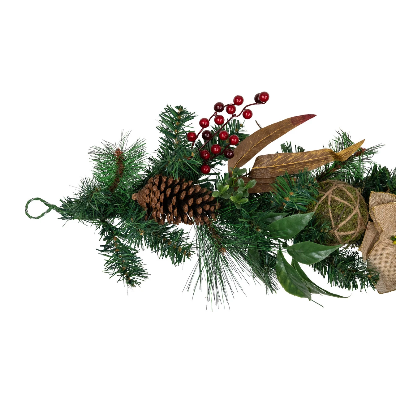 6' X 10" Burlap Poinsettia, Moss Ball, Mixed Pine And Berries Christmas Garland - Unlit 5 6' X 10" Burlap Poinsettia, Moss Ball, Mixed Pine And Berries Christmas Garland - Unlit - Image 3