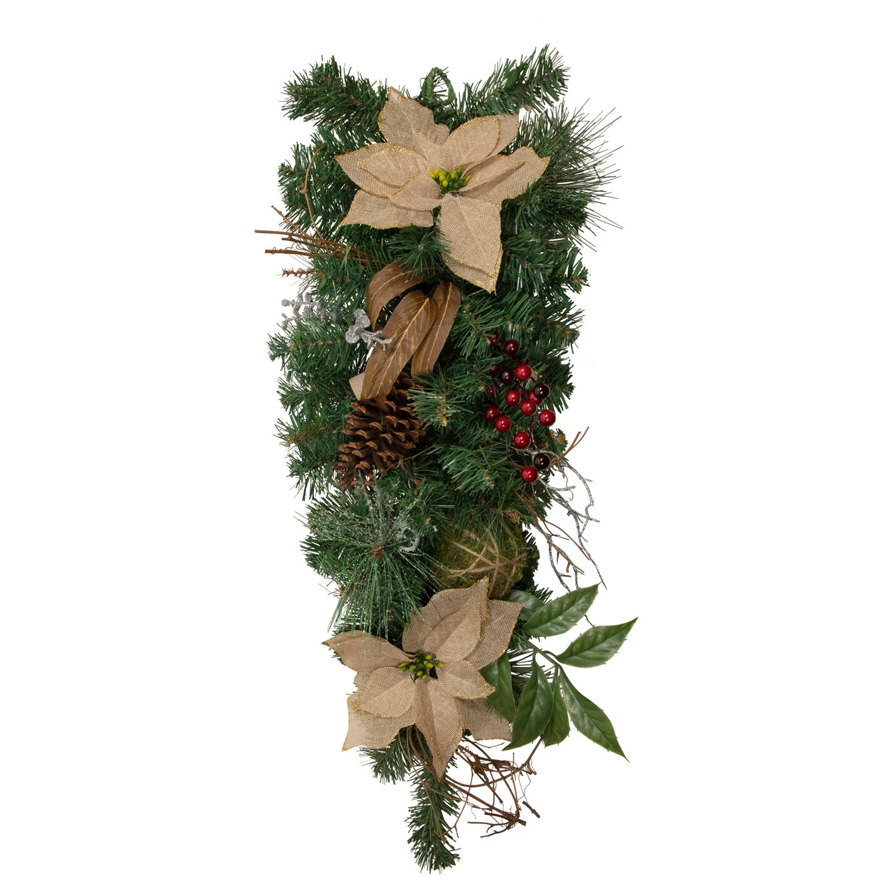 28" Mixed Pine Berry And Poinsettia Artificial Christmas Teardrop Swag - Unlit 3 28" Mixed Pine Berry And Poinsettia Artificial Christmas Teardrop Swag - Unlit