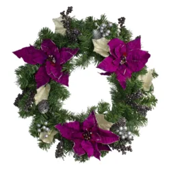 Purple Poinsettia And Silver Pine Cone Artificial Christmas Wreath - 24-Inch, Unlit