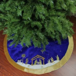 48" Blue And Gold Nativity Scene Christmas Tree Skirt With Gold Border