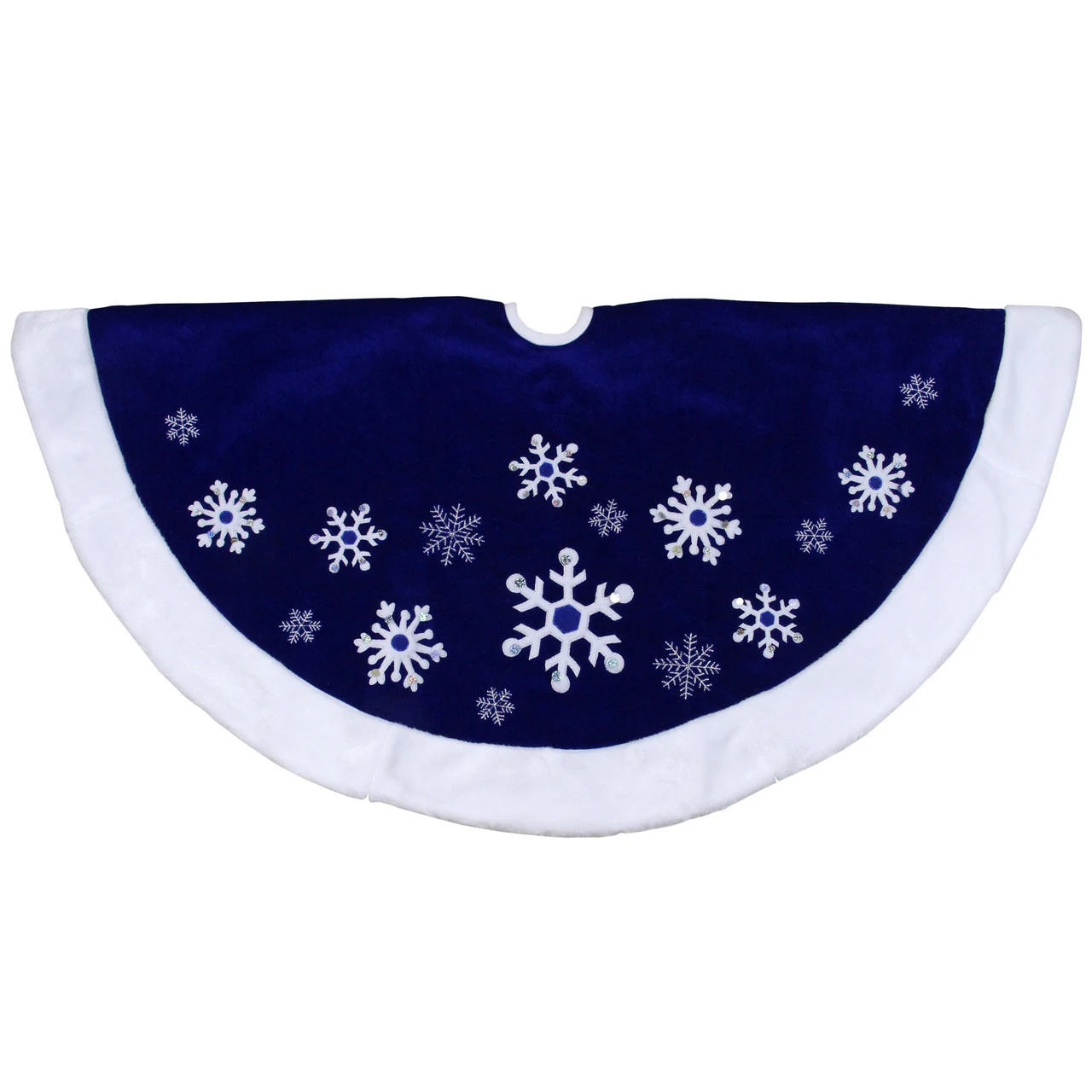 48" Blue Velveteen Snowflake Christmas Tree Skirt With Faux Fur Trim 3 48" Blue Velveteen Snowflake Christmas Tree Skirt With Faux Fur Trim