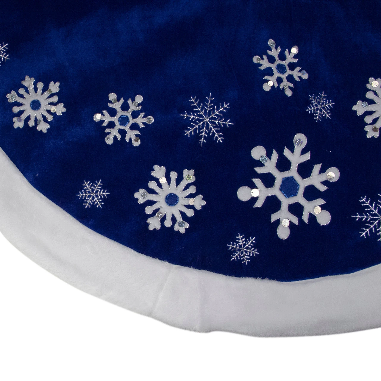 48" Blue Velveteen Snowflake Christmas Tree Skirt With Faux Fur Trim 5 48" Blue Velveteen Snowflake Christmas Tree Skirt With Faux Fur Trim - Image 3