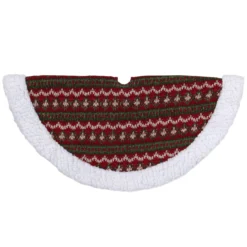20" Red And Green Lodge Knitted Mini Christmas Tree Skirt With Sherpa Trim