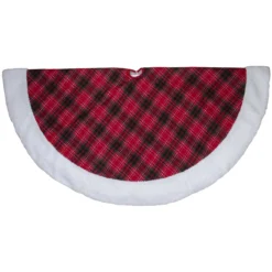 60" Red And Green Plaid Christmas Tree Skirt With White Sherpa Trim