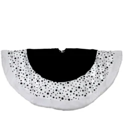 48" Black And White Glittered Polka Dot Christmas Tree Skirt With Faux Fur Trim