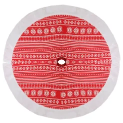 48" Red And White Knitted Snowflake Christmas Tree Skirt With Faux Fur Trim