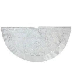 48" Silver Metallic Filigree Christmas Tree Skirt With Sateen Bows