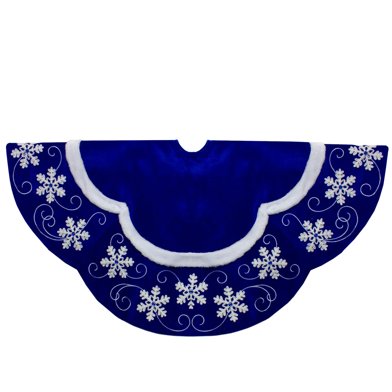 48-Inch Velvet Royal Blue And White Snowflake Christmas Tree Skirt 3 48-Inch Velvet Royal Blue And White Snowflake Christmas Tree Skirt
