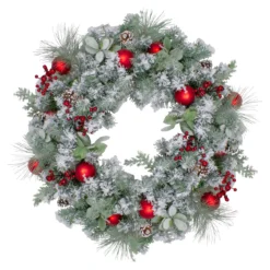 Flocked Artificial Mixed Pine And Red Ball And Berries Christmas Wreath, 40-Inch, Unlit