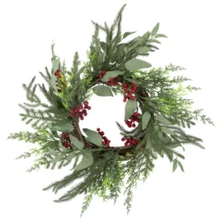 Mixed Foliage And Red Berries Artificial Christmas Wreath, 24-Inch, Unlit