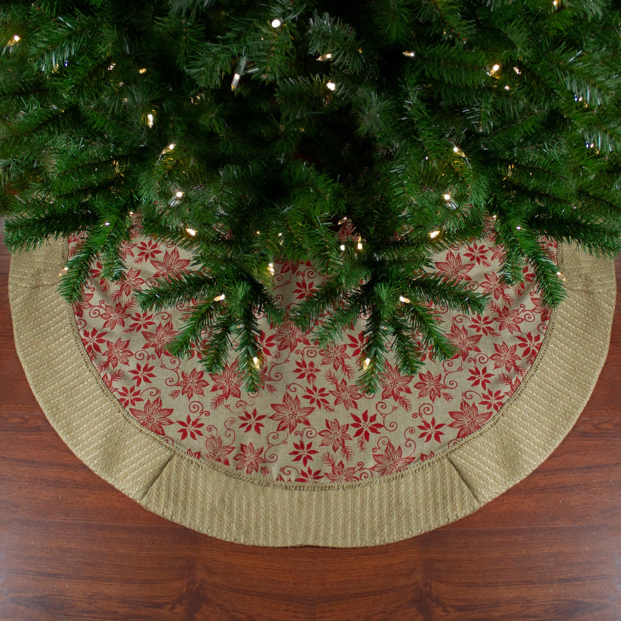 48" Tan And Red Rustic Burlap Poinsettia Christmas Tree Skirt 3 48" Tan And Red Rustic Burlap Poinsettia Christmas Tree Skirt