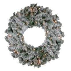 Pre-Lit Flocked Victoria Pine Artificial Christmas Wreath - 30-Inch, Clear Lights