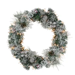 Pre-lit Heavily Flocked Berries And Pine Cones Artificial Christmas Wreath - 24-Inch, Clear Lights